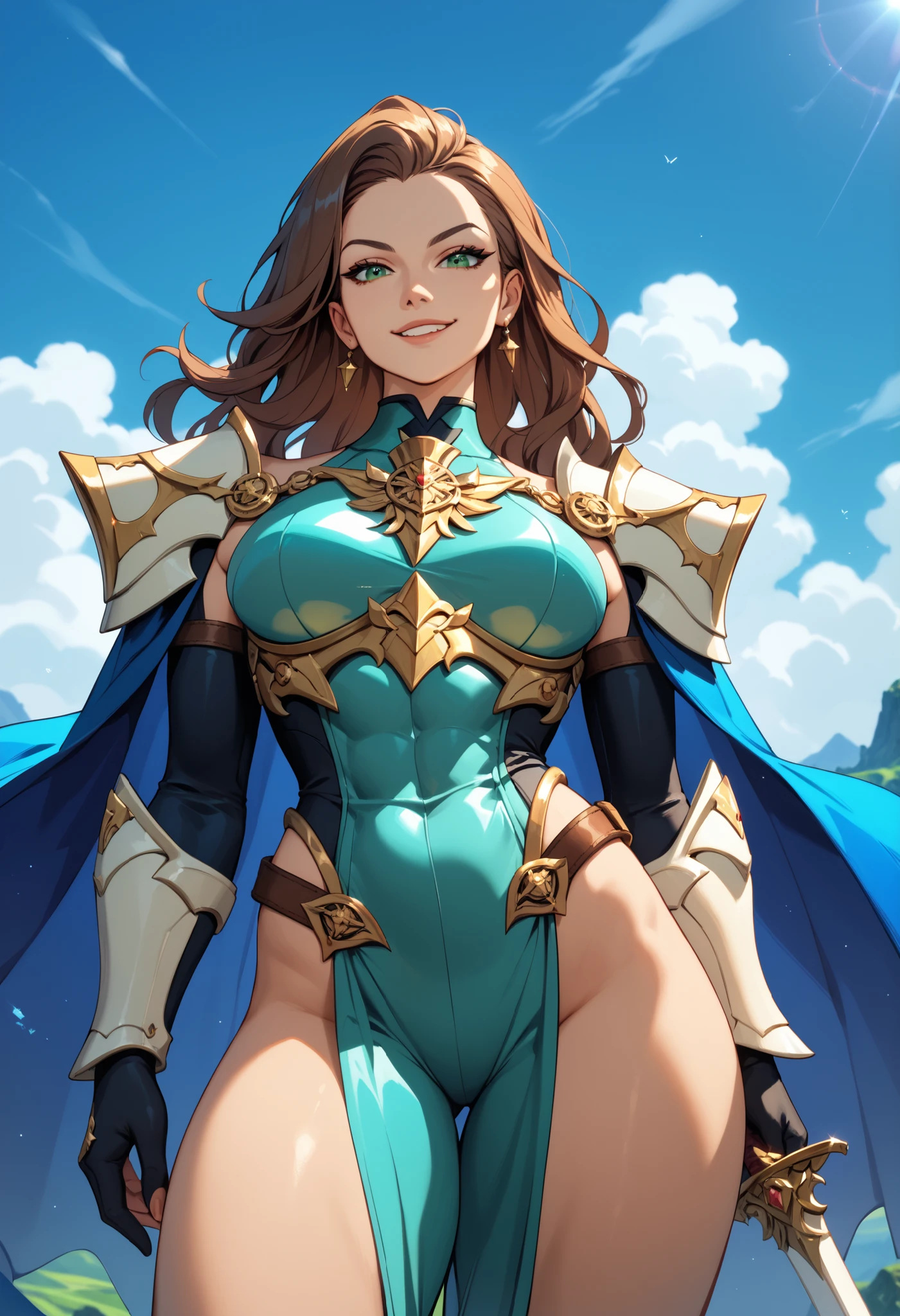 strong dominant muscular tall european woman, sexy heavy draconic steel knight armor, sexy evil armor, blue silk cape adorned with golden lines, luxurious blue tabard, brunette, long brown hair, (bright magical green eyes:1), (sword sheath behind her back:1), brown belt with steel, calf showing sexy pale skin, from below, masterpiece, cowboy shot, perfection, flawless, royal, luxury, rich, clear blue sky, green landscape, mean bratty smirk, looking at viewer,