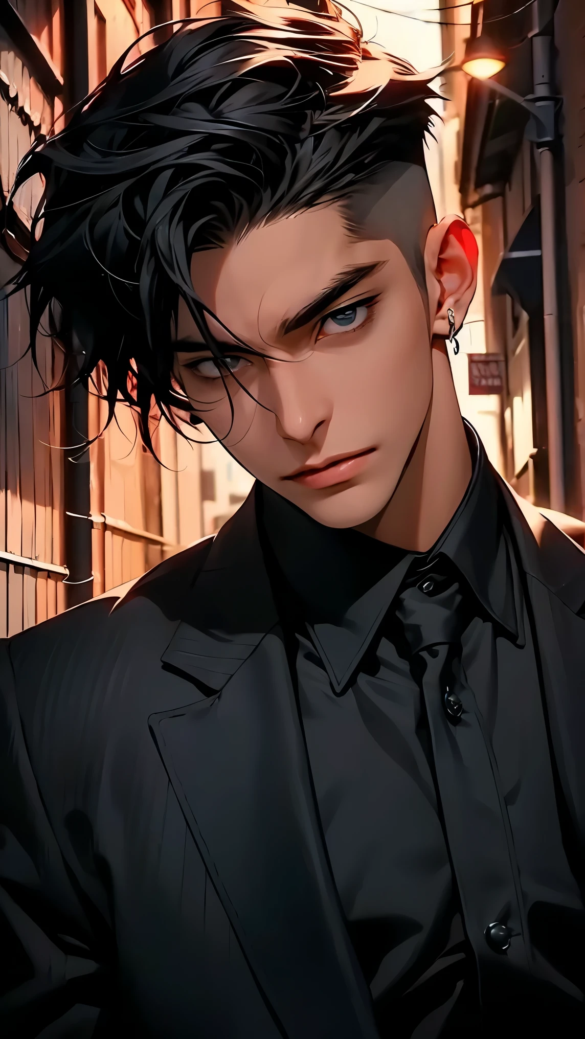 an attractive 23-year-old vampire with fangs, I bet he's in an alley in the city, At night time, Your outfit is an expensive suit