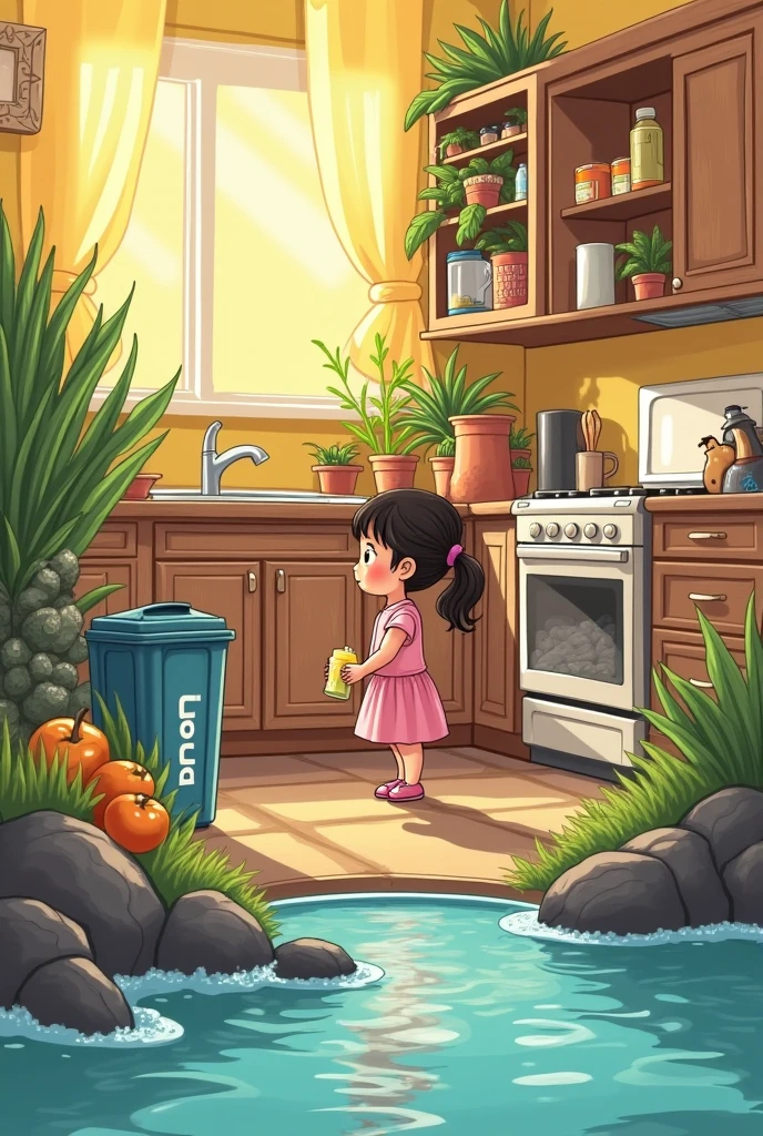 Title: “The Journey of Don Cartoncito”

Panel 1: Birth!
In a sunny kitchen, a girl finishes her juice in a box during breakfast.
: “How delicious was this toy!”
Don Cartoncito (thinking): “My mission is over!... or as soon as it starts?”

Panel 2: The uncertain fate
The girl hesitates in front of two mugs: a black one and a blue one.
: “Where is this going?”
Don Cartoncito (worried): “Please, To white... I am recyclable! sigh”
Finally , lo lanza To white.

 Panel 3 : Collection Center!
A truck collects the recycling and takes it to a sorting plant.
Don Cartoncito (Excited): plant “I am with others like me!! They will give us a new life!!”

Panel 4: Transformation
On the, Don Cartoncito is washed, crushed and pressed with other containers.
 Narrator : “Thanks to a correct separation, the cardboard is turned into pulp and reused.”
Don Cartoncito (happy): “Ready to return as a school notebook!”

Panel 5: Alternate reality (incorrect handling)
dark scene: another cardboard container was thrown in the river.
Abandoned cardboard ( sad): “I'm falling apart in water... contaminating the fish home.”

Panel 6 : Close with message
The girl appears in class, writing in a recycled notebook.
: “This notebook is made from recycled containers like mine!”
 Narrator : “Every waste has a story. You decide if it will be a problem... or a new opportunity.”

Create a comic based on this story with 6 panels divided and placed as mentioned 
