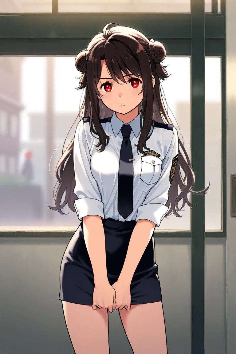 1 Girl:1.3), Solitary, __body parts__ Delicate and realistic skin, Pale skin, Large target, Official Art, Unity 16K Wallpaper, Ultra Detailed, beauty, masterpiece, best quality, Awesome atmosphere, Calming color palette, A calm mood, Soft shadows, Airline stewardess, charm,Large Breasts,Black tights,Police Uniform