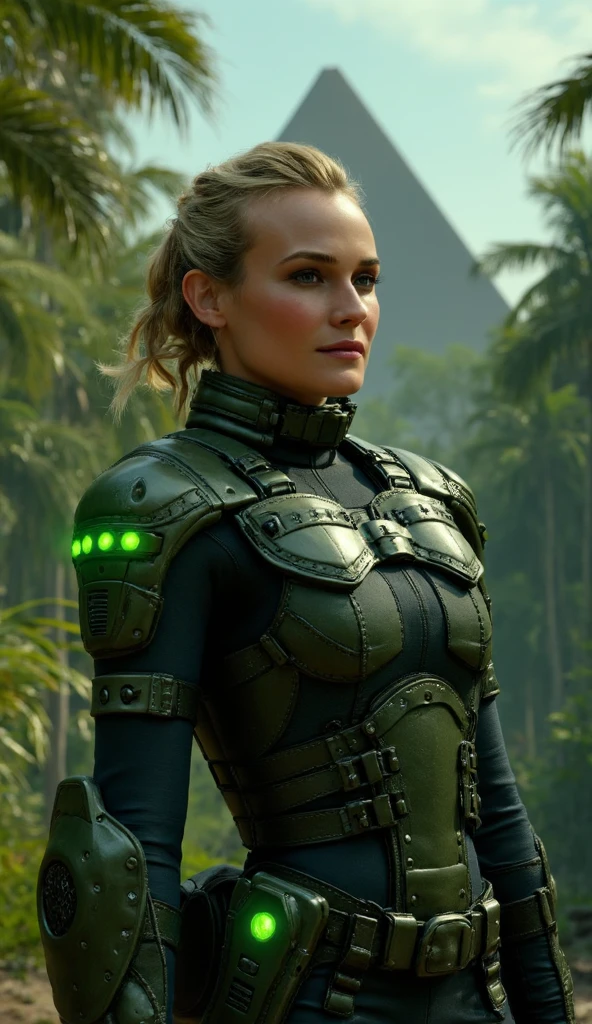 A blonde female Alien Hunter: wearing futuristic Alien hunting attire. Background: Highly detailed cinematic film still, wide angle landscape shot, otherworldly dark fantasy jungle world,villages, creatures, lush vegetation, mountains, god rays, dense alien jungle, toned body, highly detailed, hyperdetailed, intricate, lens flare, bloom, particle effects, cinematic lighting, soft lighting, prominent projected shadows, deep depth of field, film grain, photographed on a Leica SL Typ 601 Mirrorless Digital Camera, 50mm wide angle lens, F2.8 aperture, deep focus, RAW, cinematic film still from Avatar