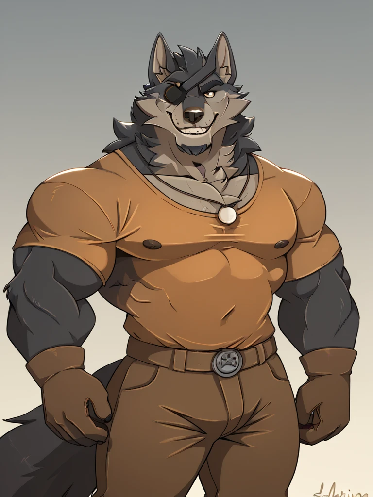 Simple shading, Alone, lobo, detailed face, detailed body, 5 fingers, Detailed hands, pair of nipples, defined pectorals, green eyes, detailed eyes, ((gray fur)), short hair, 2 arms, Men underwear, green underwear, lump between leg, ((pulling down underwear)), por pache riggs