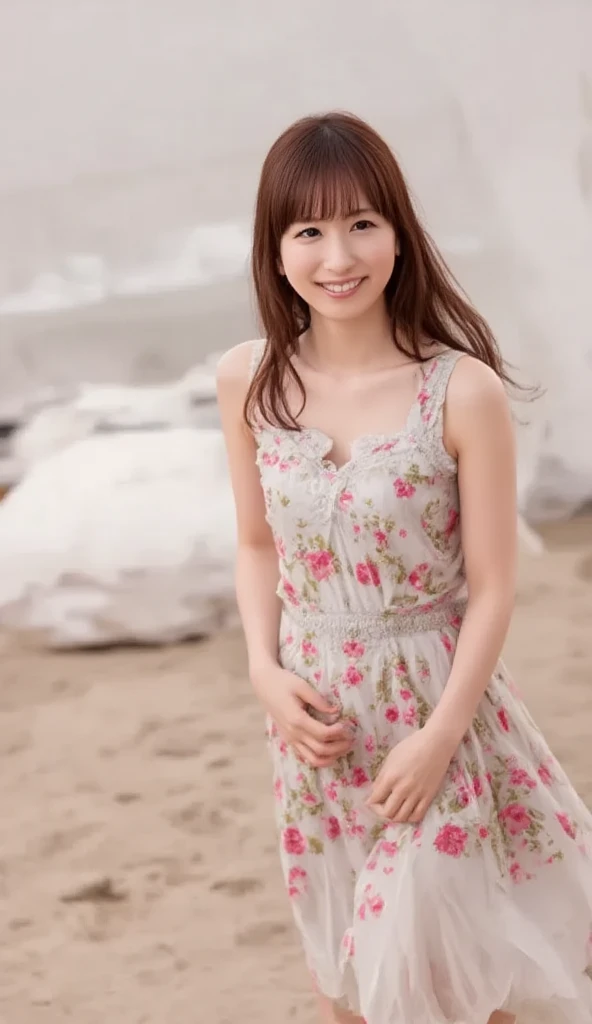(masterpiece, Highest quality, 8K, High resolution),(Realistic skin texture, Perfect Face, Realistic, Perfect hands, Perfect finger count, Japanese, Girl), (), Big Eyes, Brown eyes, Light brown hair, bangs, short hair, Red hair ribbon, Small face, Smile, (Lace frilled dress, Cameltoe, Corsage of red roses)), Are standing, Lift up the skirt, Sandy Beach, Blue sky and clouds, Hair blowing in the wind, Low - Angle