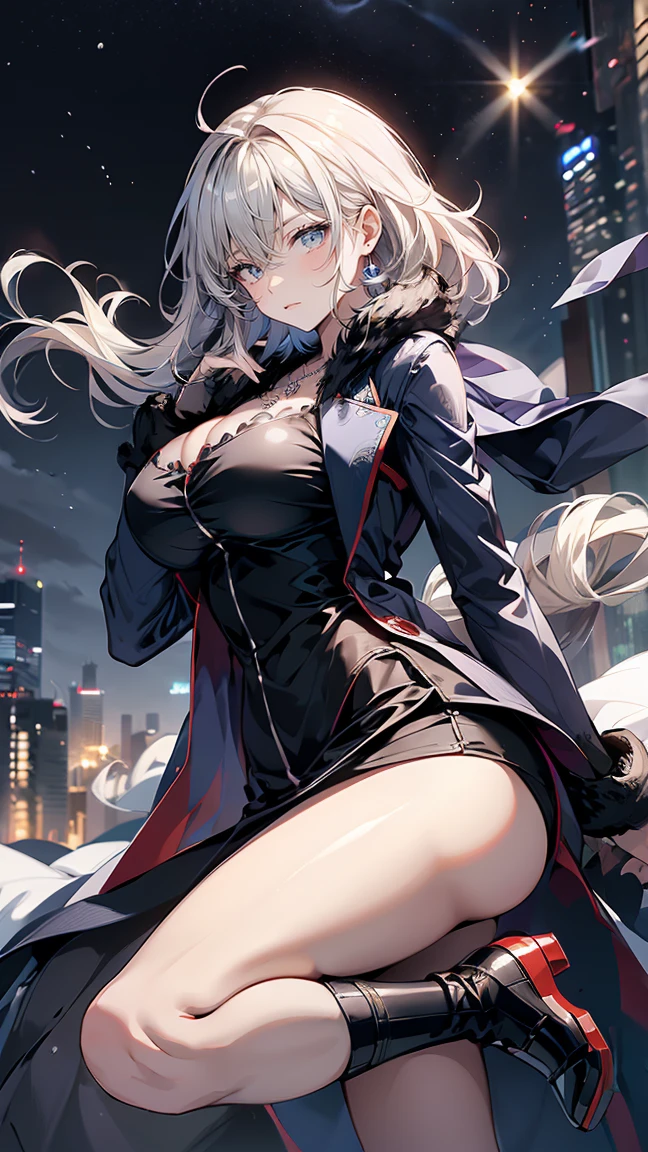 Realistic and detailed image of an elf. Dressed in a long hooded tunic and plaid miniskirt with pleats and garter belts. Unusually shiny long black silky hair. Turquoise red eyes. She has earrings and long eyelashes. She has full lips and vampire teeth. Big breasts, thin waist, very wide hips and thick thighs. Side view. Arched back. She is walking in a city. Snowy night. Dark environment. Halloween. Starry Night.