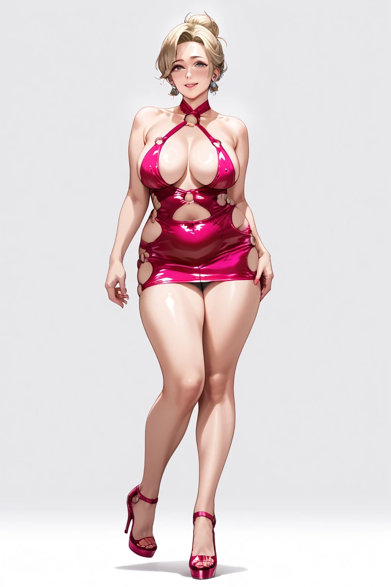 Masterpiece,8k,((best quality)), illustration, full length picture,(( full body visible)), best anatomy,one person, ((Sakura Haruno)), (standing pose),Pink hair,bob hairstyle,headband, beautiful eyes, deep green eyes with highlights, black nails, beautiful hands,long legs, skinny thighs,black Lingerie,black lace underwear,big breasts,((rounded breasts)), big ass,toned body