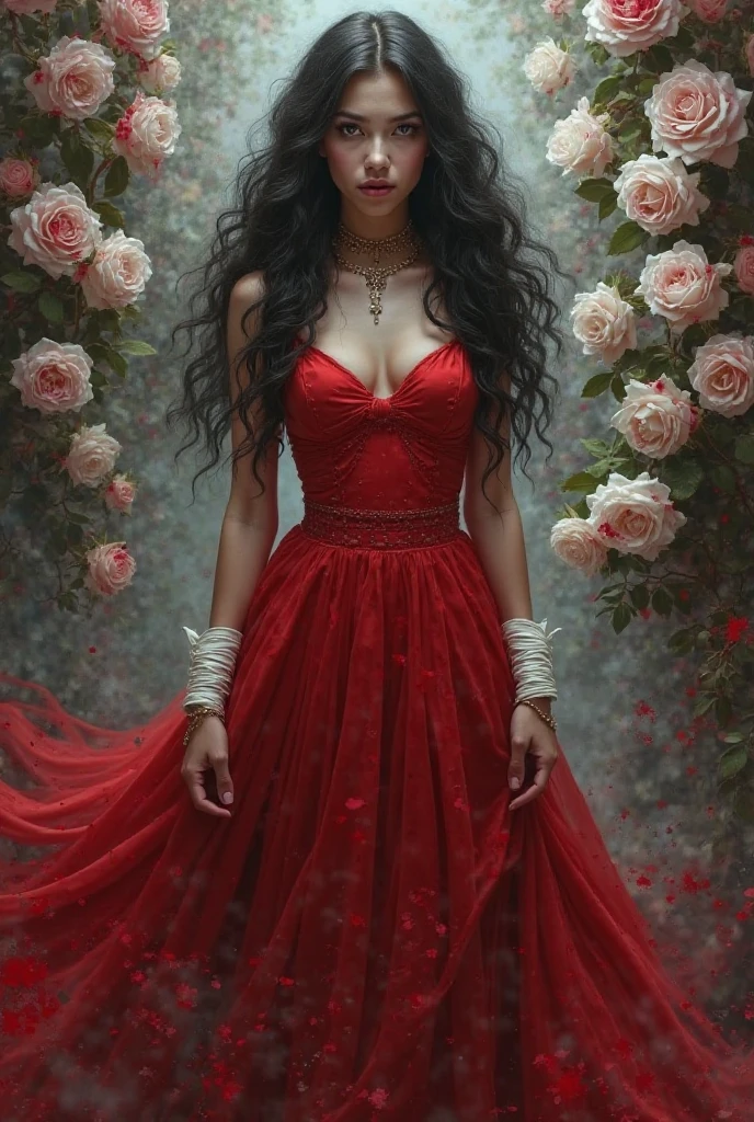 Mystical book cover photo. A girl in a red belligerent dress with a long train, black long wavy hair, white leather. Dramma effect in the background white roses stained with blood