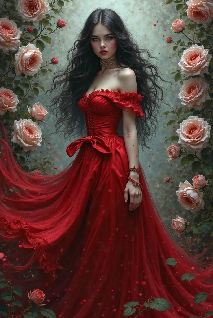 Mystical book cover photo. A girl in a red belligerent dress with a long train, black long wavy hair, white leather. Dramma effect in the background white roses stained with blood