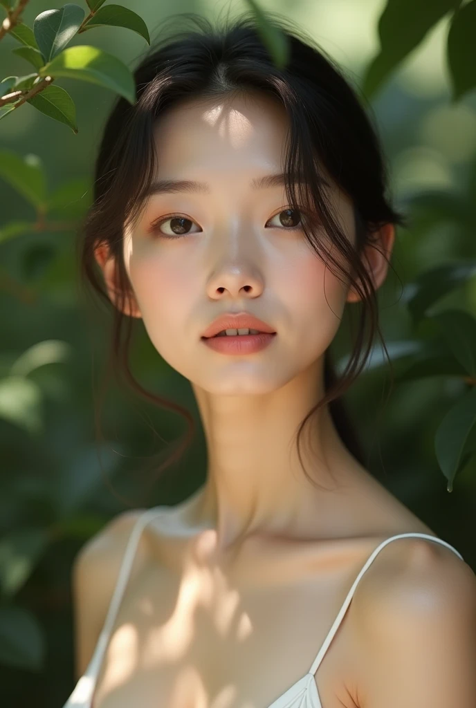 Two eyes of Sofia with a small smile and in the back there is a blurry park with green trees. 