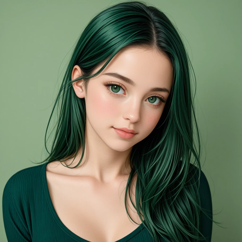 a girl. face sent feeling. Europe. Oval face. long face. delicate facial features. sad eyes. seductively seductive. green eyes. long straight hair. green hair. messy hair. straight face