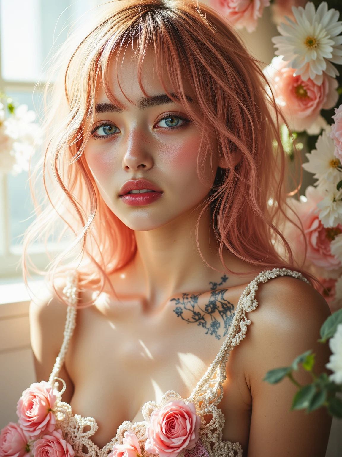 A woman, sensual, she is an adult, light pink hair styled in a lob, (((a woman with light pink hair 1.7)))(((very beautiful))), perfect faces, she is surrounded by sakura flowers in her room, dark and cool palette, red dress that fits her body, green eyes, 8K, freckles on her face, beautiful small breasts, extremely detailed, (high quality, realistic, photorealistic: 1.37), ideal proportions and defined skin, meticulously crafted features, unapproachable beauty, perfection, artistic art, vivid realism, hyper-detailed sculpting, realistic shapes, truly inspiring, impeccable craftsmanship, pure brilliance, ethereal beauty, delicate contours, striking poses, sublime beauty, subtle nuances, dynamic compositions, vibrant colors, perfect lighting, moving expressions, heavenly aura, majestic presence, dreamlike atmosphere, unparalleled high level of detail, high-octane rendering on artstation, 8k art photography, photorealistic conceptual art, volumetric cinematic soft natural light, chiaroscuro, award-winning photography, fine art, oil on canvas, beautiful, detailed, intricate, insane
