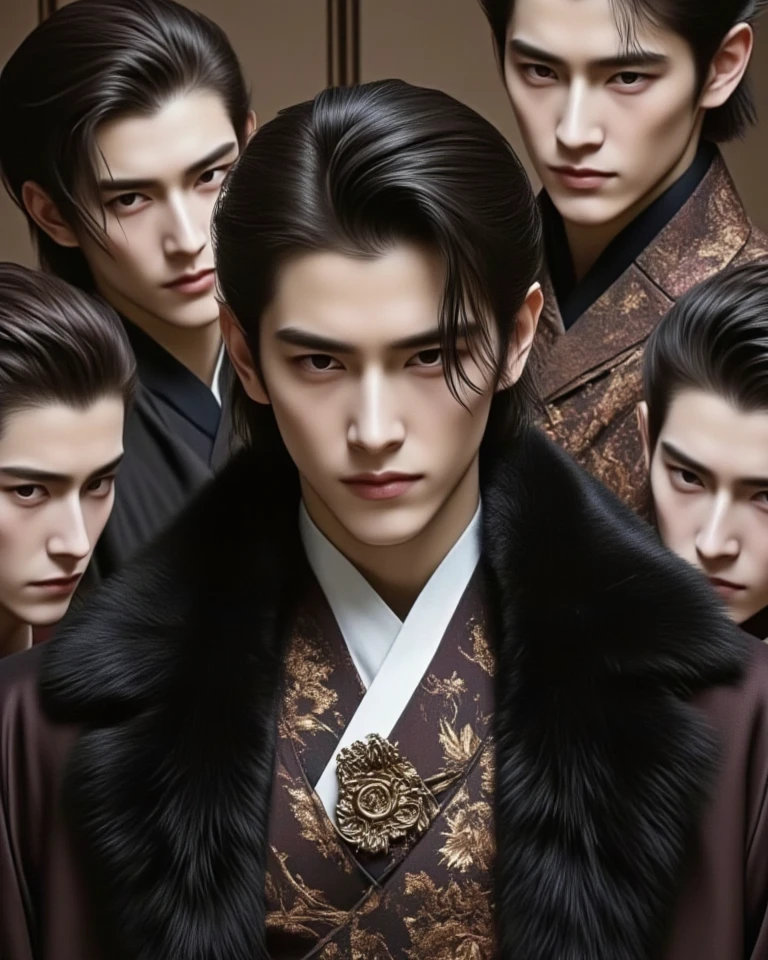 A handsome young man of 20 years old, with long hair, wearing an antique Chinese dress, black fur, dark eyebrows, big eyes, charming, nose, famous white skin, 4 men standing surrounded by one woman with love, longing to preserve her.