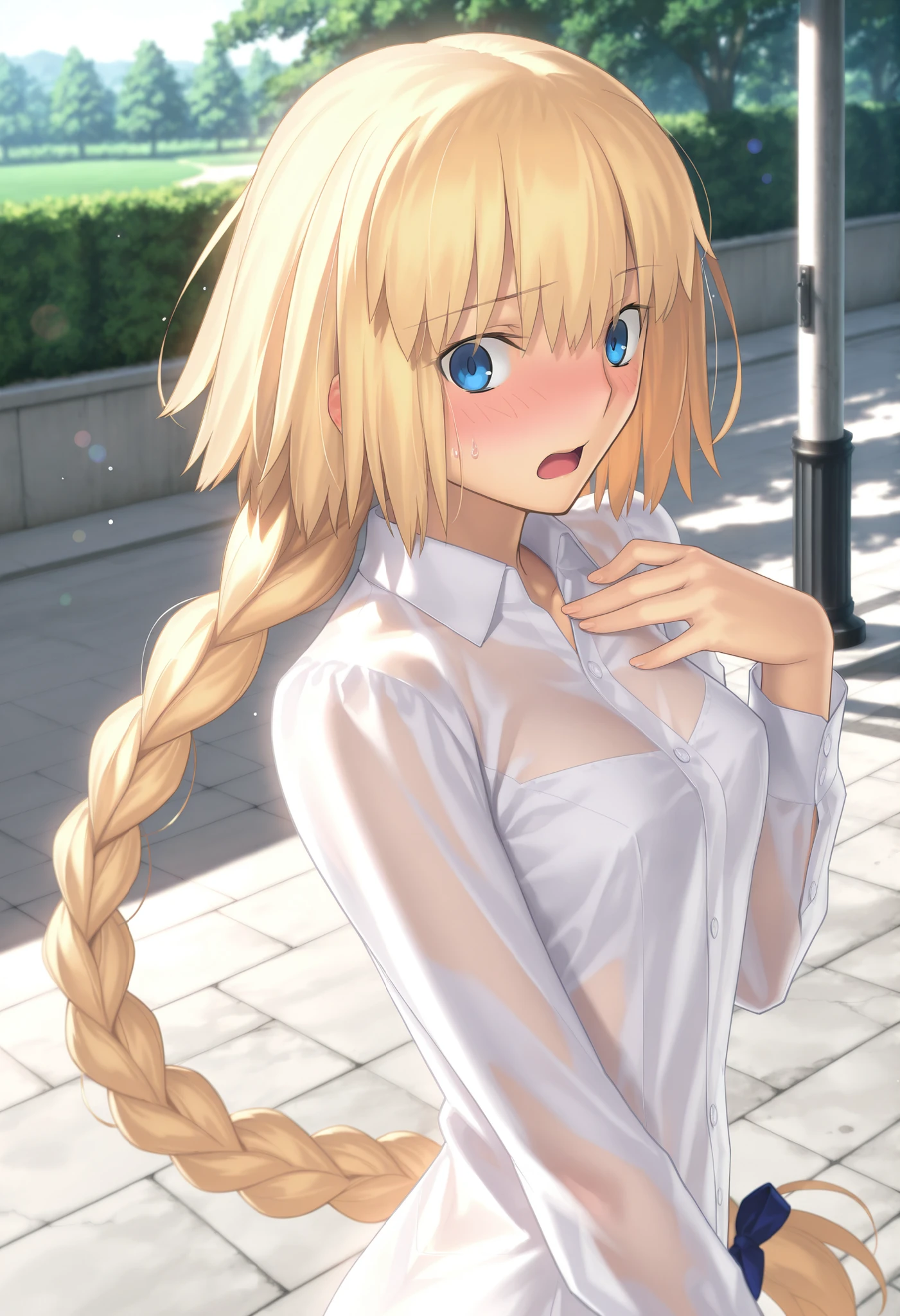 masterpiece, , absurdres, highres, detailed background, high resolution, masterpiece, necessary, detail, best quality, quality, necessary, details, High details, Precise, outdoors, (dappled sunlight), day, lens flare, blurry background, from above, upper body, from above, solo, ,
1girl, , Takeuchi Takashi (type-moon,tsukihime) style, takeuchi takashi style, (twisted torso), ((flustered, confused, surprised)), ( ), ,
tall girl, mature, jeanne d arc, \(fgo\), blue eyes, , jeanne d arc, blonde hair, medium hair, ( ), (open white dress shirt), ,big braid, single braid, small breasts, underwear, looking at viewer, embarrassed ,light see-through, concrete, , ,