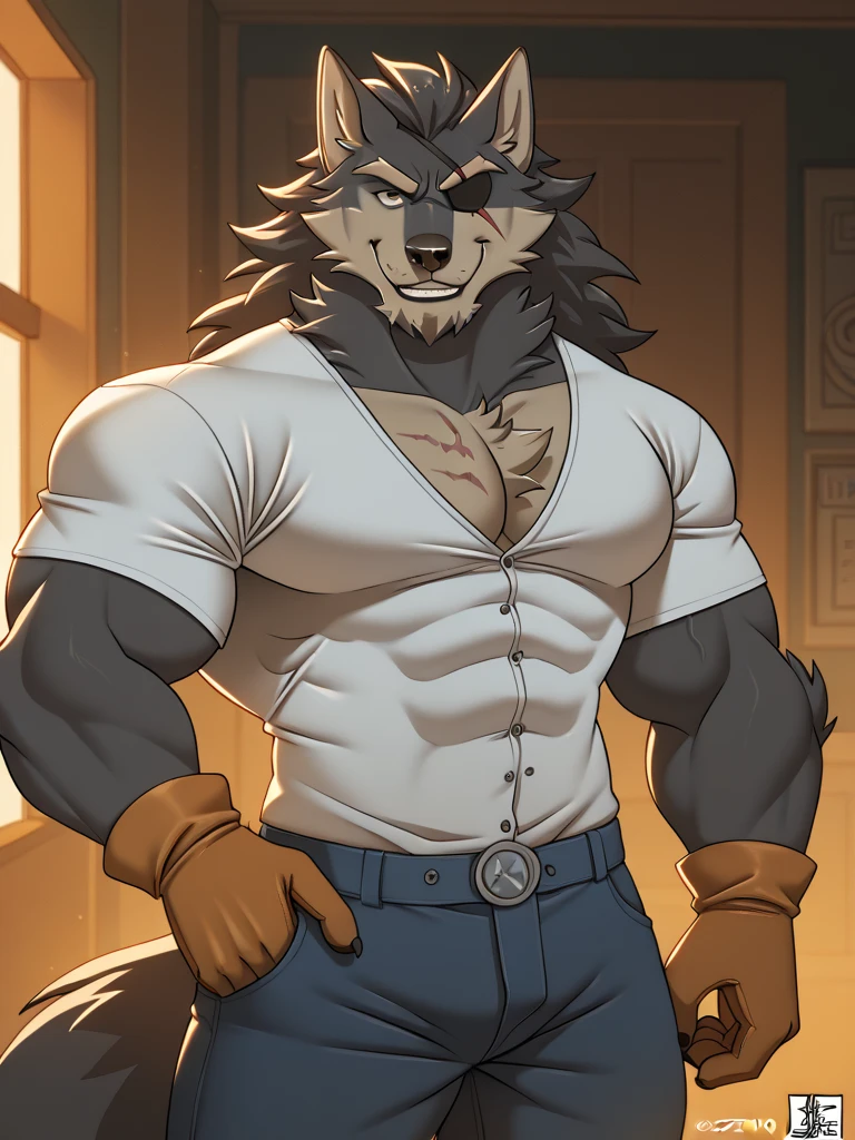 embedding:black wolf, male,purple eyes,Scar on the face, scar on the body,Single person,deliveryman,Standing outside the door,In the corridors,Robust,Contempt,With the express box in his hand,The highest quality of scene detail,adult,Tall and powerful,muscle,Best quality hands, best quality eye,detailed fur,Delicate eyes.Extreme picture quality,by sollyz,by zixiong,by milkytiger1145