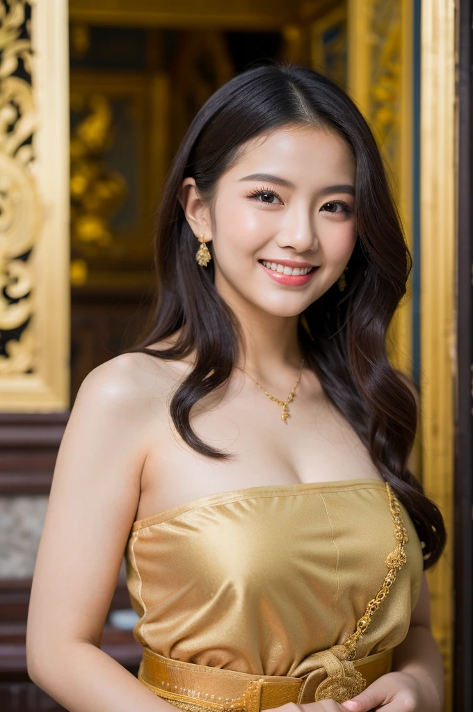 (8K分辨率,Faraway view,Photographs of legultiple women,20yr old,(The facial features of Thai Aump:1.8,Thin skeletal cheeks,s delicate face),com rosto detalhado,Lovely face,com rosto detalhado,详细的脸,Ultra-fine makeup,Black colored eyes,(Look into the camera),Long dark red hair,(Messy has layers),Redlip,Fair ,(Best Skin Type:1.21),mediuml breasts,thighs,((Thai evening dress:Siwalai,Delicate shawl straps,Luxurious ladies' tube dresses),A small number of flower hairpins,Luxurious necklaces and bracelets),Tall and tall,The action of flying kisses,perfect hand,Ultra-fine clothing material),(party,banquet,tropical treelower wall,Exquisite environmental detailhilarated,confident smile,Rejoice,intimacy,Jealoulourish),(profesional lighting,动态照明),((The colors are relatively uniform,Noble sexy,vivaciousness,rays of sunshine(golden colored,red colour,in pink))),(Golden section,Cinema lenses,Dynamic shots,Hasselblad photograp,tmasterpiece:1.3),(adolable,rays of sunshine,vivaciousnesistic,Raised sexy,Celebrity,trendsetting,Folklore,Artis,Art platform)