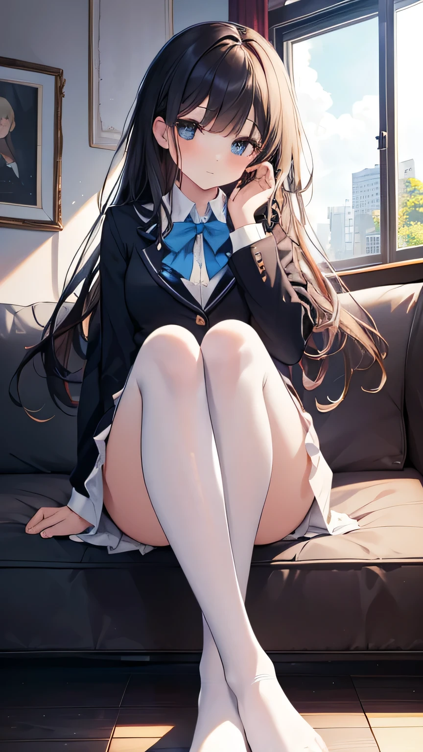 Top quality, masterpiece, High resolution, (Head to toe full body), front, frontやや下からの構図, Symmetric, Tall 18 year old girl, alone, (Head to toe), (Small breasts), Unkempt brown hair, bangs, (black tights), (Black Pantyhose), (Sit with your legs apart), (Crouching pose), (Composition showing white panties), (Her legs were spread、I see your white pants.), (I was made to sit on the floor with my legs spread..), (M-shaped legs), Thin legs, A very beautiful and tall 18 year old girl, (No shoes), blush, Shy big eyes, looking at the camera, Blazer uniform, Checkered pleated skirt