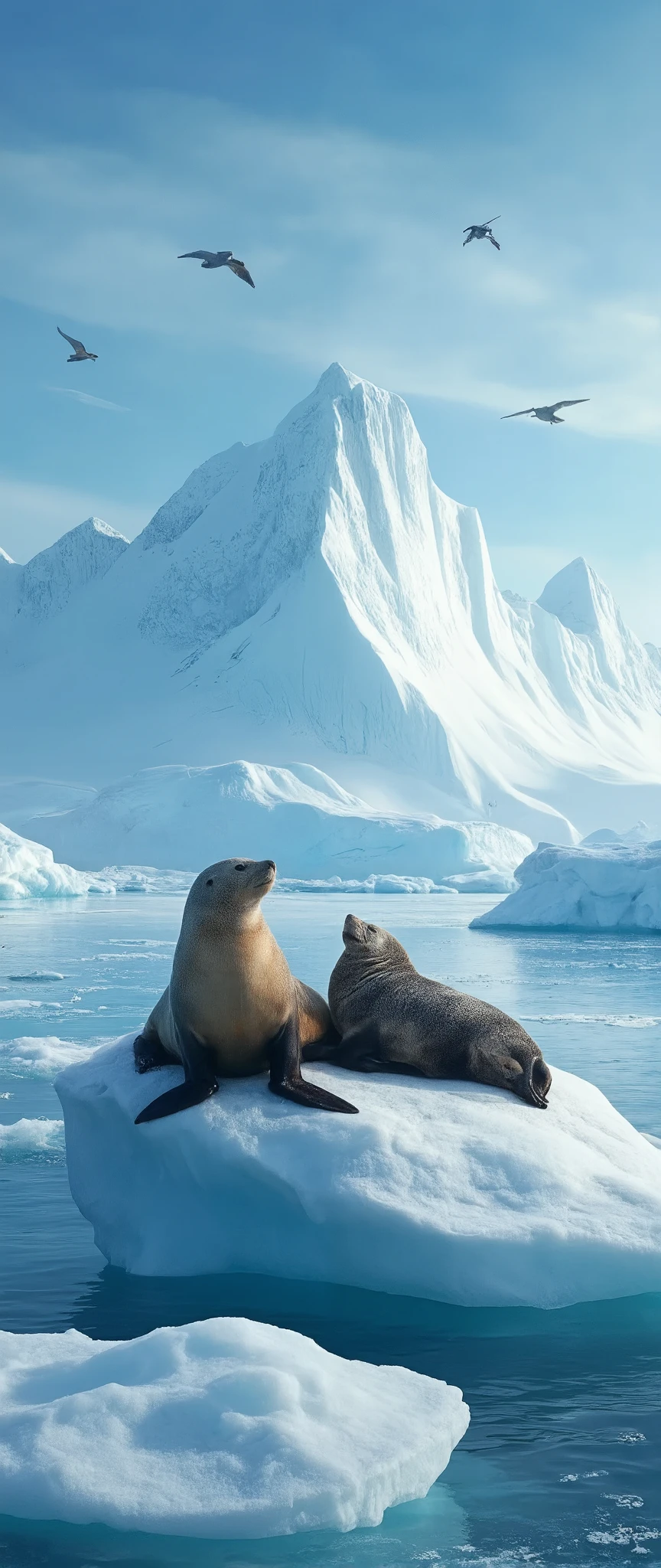 high resolution images of her daughter、creative images of Antarctica、Sea lions sunbathing in Antarctic glaciers、are there waterfowl flying in Antarctic waters nearby、under a dramatic blue sky((masterpiece))、  Calm Seas  、A Windless Day、Scenery seen from the boat 。