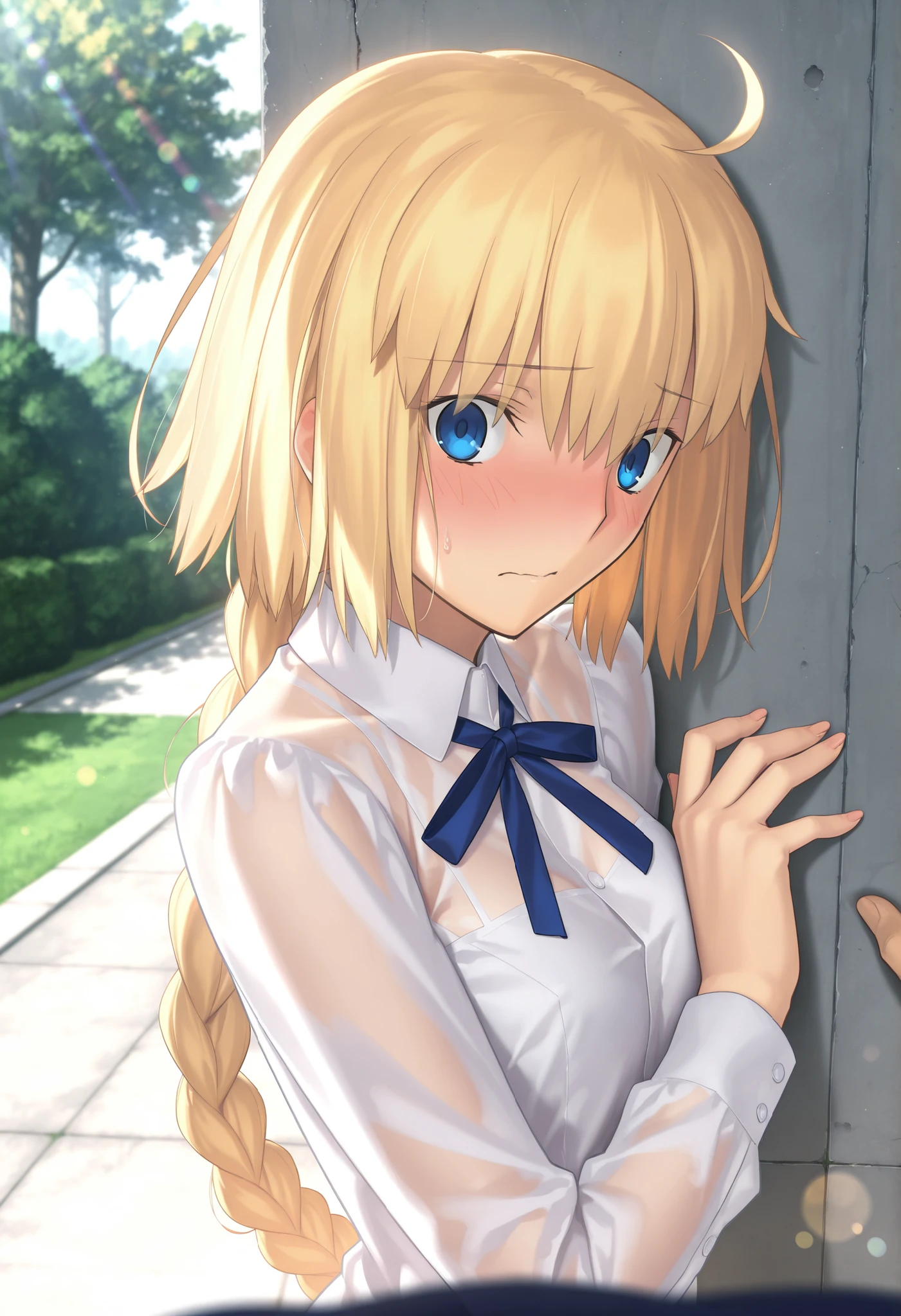 masterpiece, , absurdres, highres, detailed background, high resolution, masterpiece, necessary, detail, best quality, quality, necessary, details, High details, Precise, outdoors, (dappled sunlight), day, lens flare, blurry background, from above, upper body, from above, solo, ,
1girl, , Takeuchi Takashi (type-moon,tsukihime) style, takeuchi takashi style, (twisted torso), ((flustered, confused, surprised)), ((cuddling, pov ,)), ,
tall girl, mature, jeanne d arc, \(fgo\), blue eyes, , jeanne d arc, blonde hair, medium hair, ( ), (open white dress shirt), ,big braid, single braid, small breasts, underwear, looking at viewer, embarrassed ,light see-through, concrete, , ,