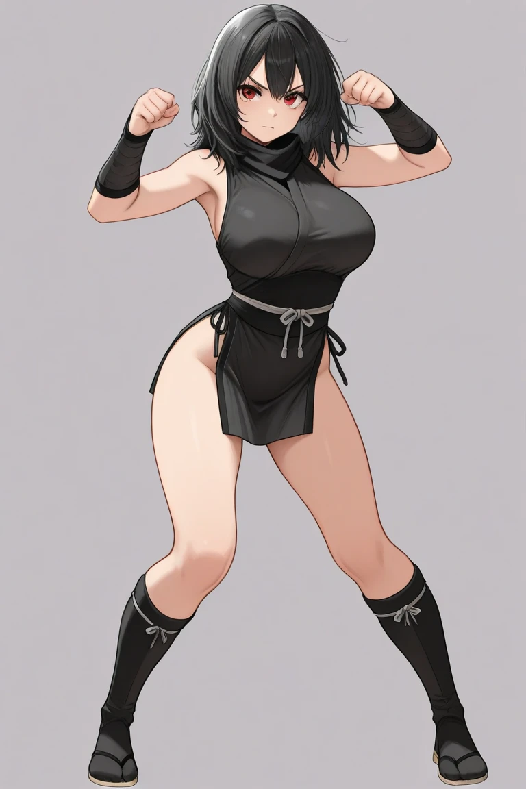 A character design of an asian woman with a black top, skirt and pantyhose in the style of marvel comics