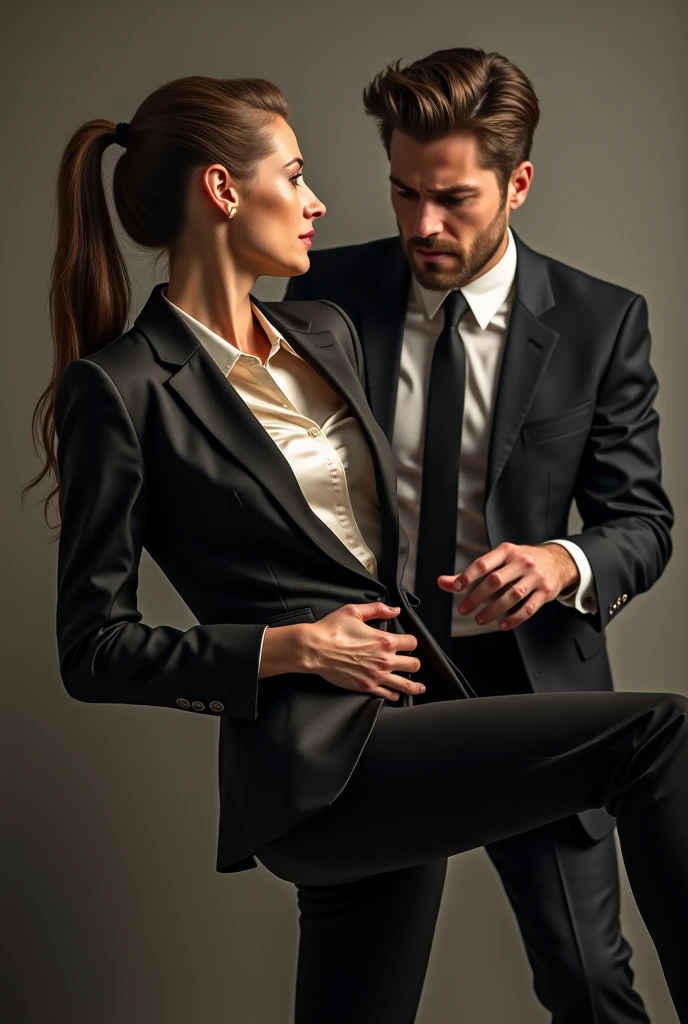 Male teenager surrounding a mature woman around the waist and from behind, dressed in a suit with a miniskirt and jacket and high-heeled sandals, standing and full body