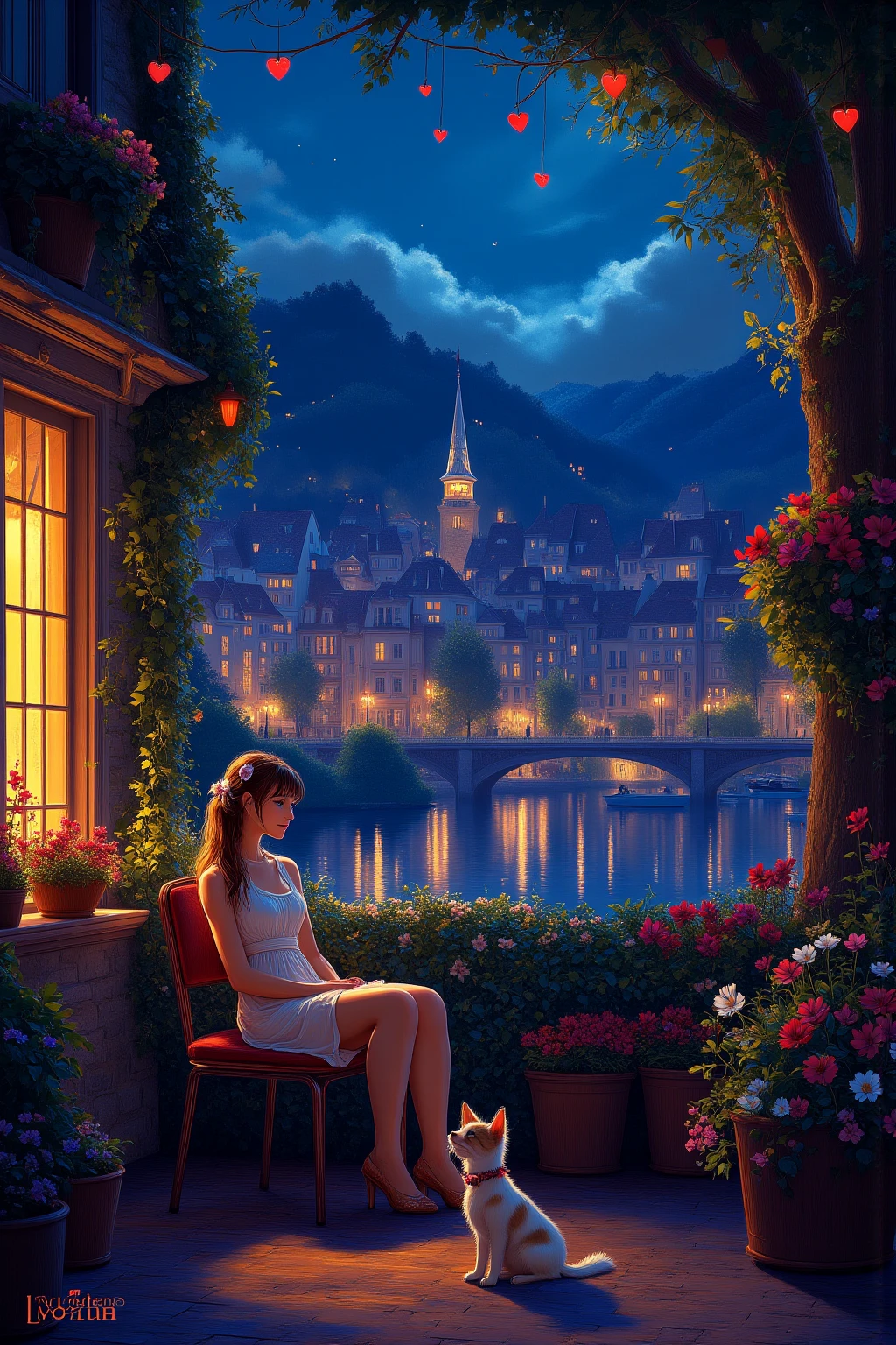 painting depicting nighttime cityscapes ,   Evgeny Lushpin  , inspired   Evgeny Lushpin  , cozy cafe terrace１girl sitting on a chair and waiting for someone , like in a movie, ( ( Thomas Kinkade ) ), , pleasant cozy atmosphere, Romantic Atmosphere, street , Beautiful atmosphere, Night atmosphere, cozy atmosphere,    Rich and moody atmosphere   , cozy atmosphere,  4k hd,, Amazing 4K Art, BEAUTIFUL ARTWORK ILLUSTRATION, beautiful digital paint, Highly Detailed Digital Painting {x}, Beautiful Digital Artwork, Detailed painting 4k, Highly Detailed Digital Painting {x}, rich picturesque colors of a woman dancing with a dog, beautiful digital painting
