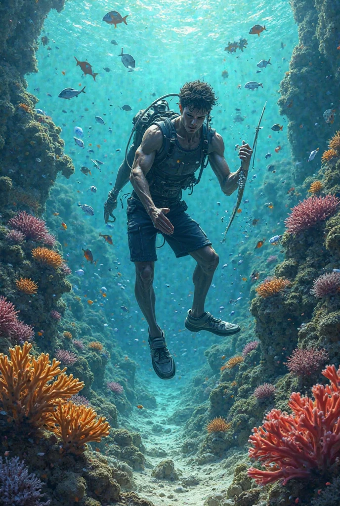 Create an image about a person destroying animated coral reefs 