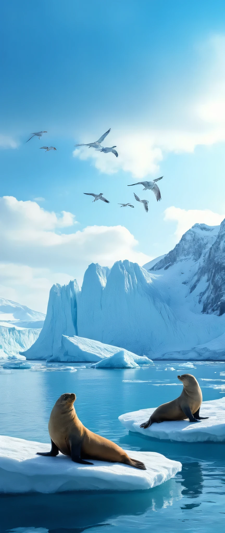 high res images、creative images of Antarctica、Sea lions sunbathing in Antarctic glaciers、are there waterfowl flying in Antarctic waters nearby、Under Dramatic Blue Skies((masterpiece))、  Calm Seas  、A Windless Day、Scenery seen from the boat 。
