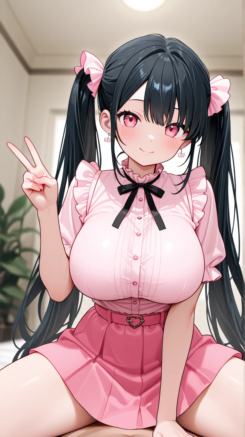 ((sexy girl ,gyaru))nsfw,glamorous, forehead, voluptuous, curvy,looking at viewer, low twintails, black hair, droopy eyes,smile, t-shirt, cardigan, mini skirt