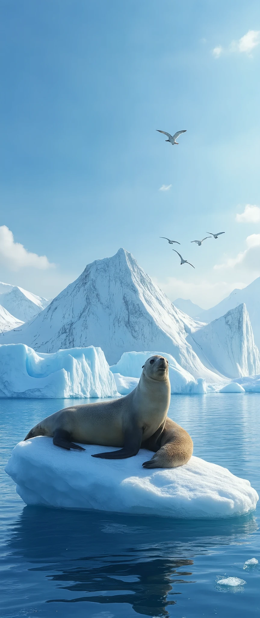 high resolution images of her daughter、creative images of Antarctica、Sea lions sunbathing in Antarctic glaciers、are there waterfowl flying in Antarctic waters nearby、under a dramatic blue sky((masterpiece))、  Calm Seas  、A Windless Day、Scenery seen from the boat 。