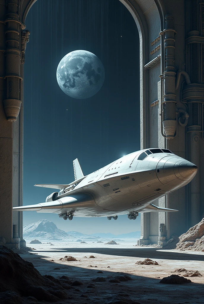 A lunar shuttle arriving at a lunar landing pad in a giant hangar airlock detailed matte painting, deep color, fantastical, intricate detail