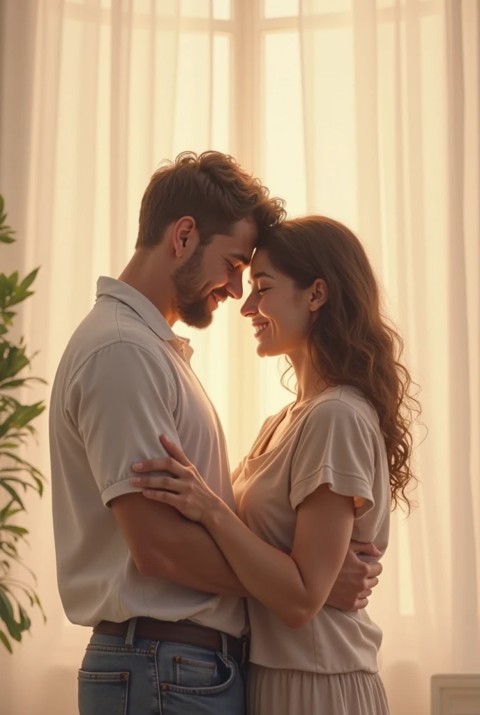 Couple,Sunlight,eyes closed,look up,Tilt your face,(close your eyes and smile),Side profile,The rear window lighting is backlit