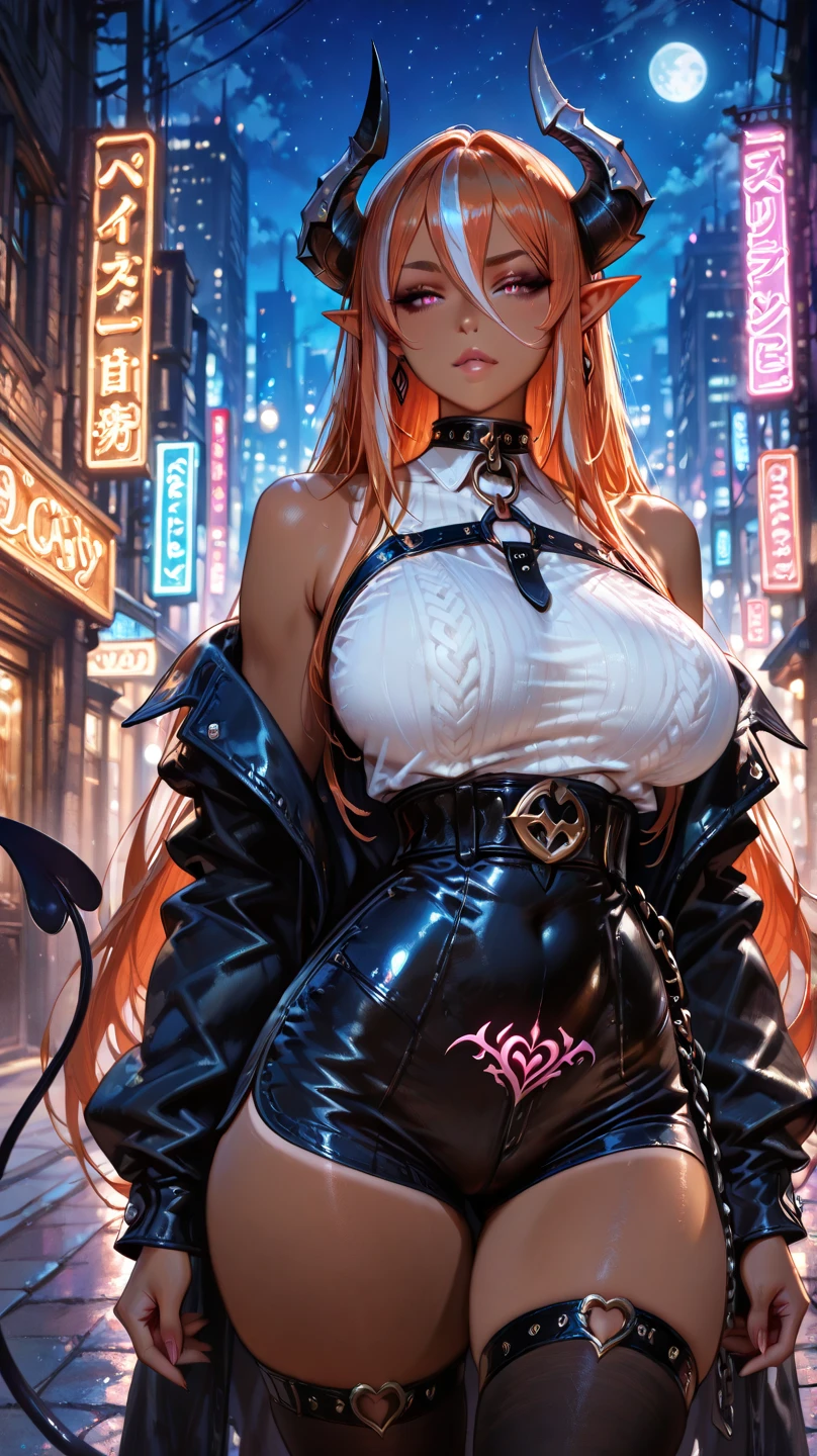 PERFECT MASTERPIECE, EXTREMELY DETAILED CG UNITY 8K UHD QUALITY RESOLUTION WALLPAPER, PHOTOREALISTIC, AWARD-WINNING IMAGE, OFFICIAL ART, PROFESSIONAL CINEMATIC LIGHTING, the most beautiful and sexy demon goddess, long platinum pink hair, oni horns, vibrant moonlight eyes, long detailed eyelashes, wearing trendy Harajuku-inspired sexy leather hooded bodysuit with zippers and buckles, super huge enormously gigantic tits, cleavage showing, tons of tattoos and piercings, sexy seductive slutty facial expression, sexy dynamic alluring slutty pose, blushing, shiny realistic skin texture, post apocalyptic wasteland background