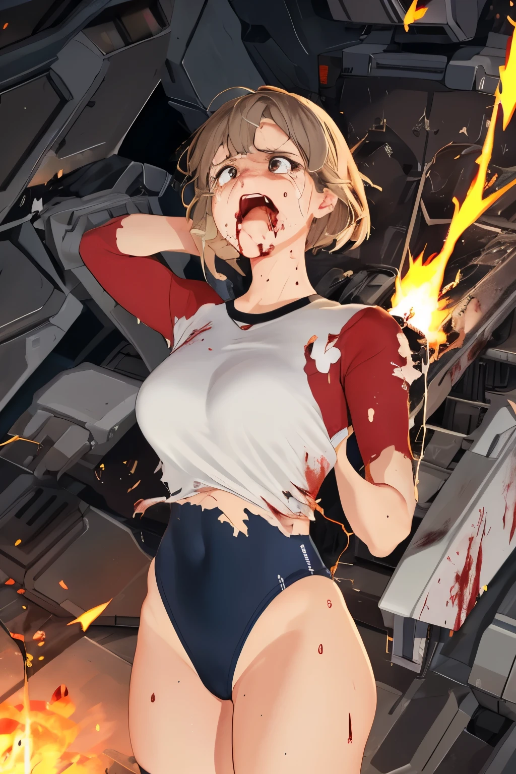 cockpit_explosion, fire, electricity, screaming, explosion, science fiction, wide-eyed, tearing clothes, standing, blood, scared, sweat, crying, mecha, torn clothes, tears, cockpit,1girl、wearing black gymnastics bloomers,high leg,white blouse,cowboy shot,self wedgie,bloomers pull myself