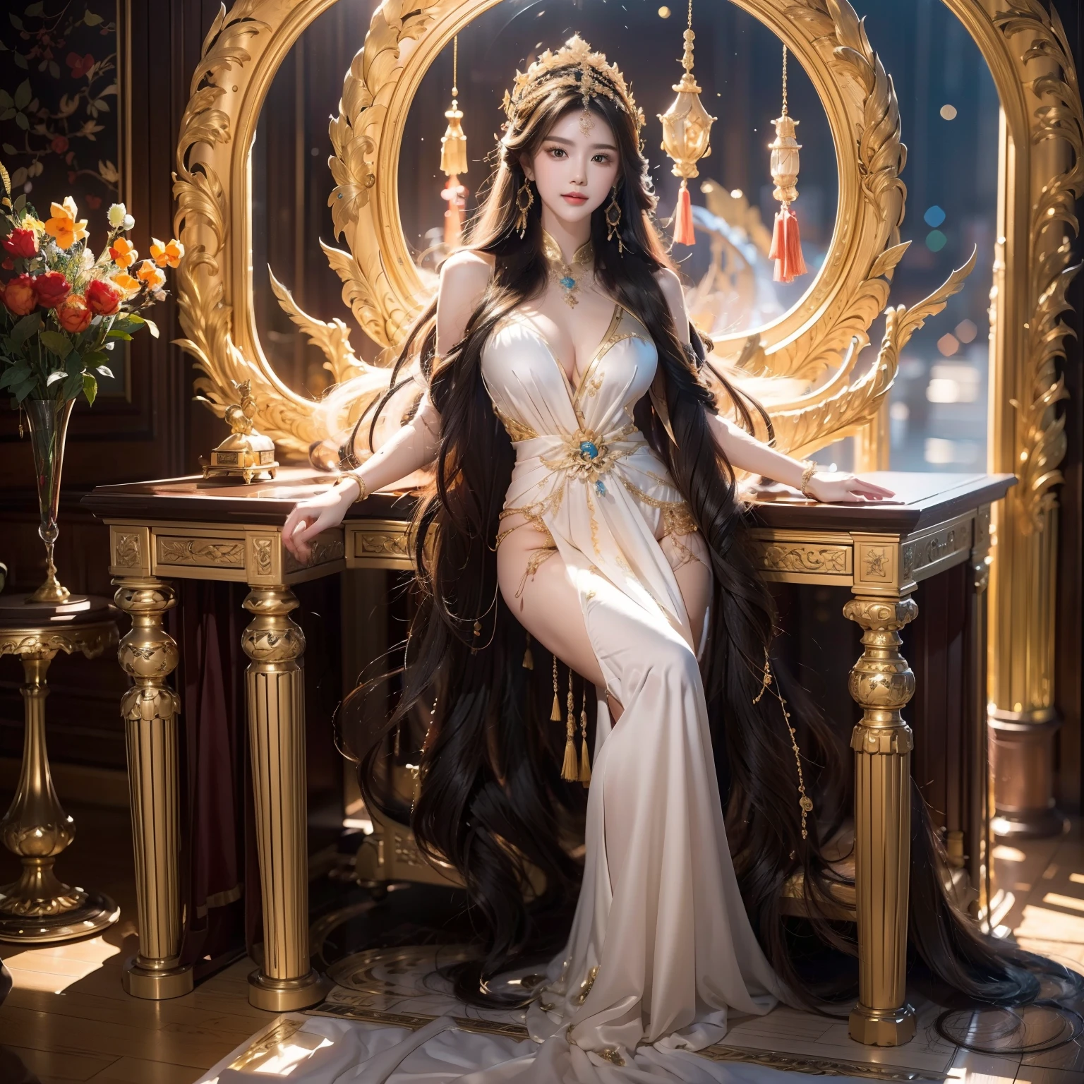 ((Top image quality、top-quality、Top resolution、hyper realistic photography、Full body photo、masterpiece、1 girl、Very beautiful face、Super Super Long Hair、hair length about 3 meters,,,,,、Straight black hair、Black hair longer than height、Black hair that has not been cut for more than 20 years、Slender body、White underwear or naked、Indoor Location、8k、Two hands、Two legs、5 fingers、))、Winner of the World Long Hair Contest、Full body real photo、Head-to-toe photo、Photo taken from about 4 meters away、Super Real、Sitting in a noble chair、She has super long hair that covers her entire body、The longest black hair in the world、Body buried in hair、Long black hair is silky、The luster of black hair is wonderful..........、Hair longer than Rapunzel、