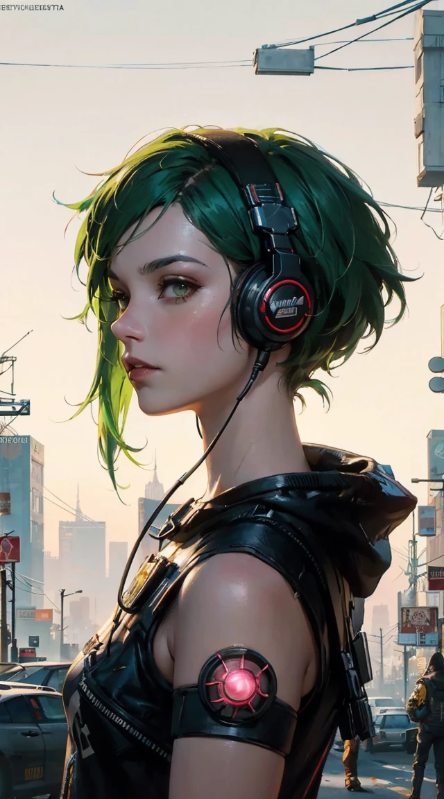  general shot of a person with green hair and headphones,  advanced digital cyberpunk art , Glitchpunk girl, Estilo cyberpunk hiperrealista, In Cyberpunk 2077,  cyberpunk ,  cyberpunk digital art - anime ,  work of art in the style of Guweiz, cyberpunk art style, estilo cyberpunk silenciado, An adolescent biopunk cyborg , cyberpunk using 