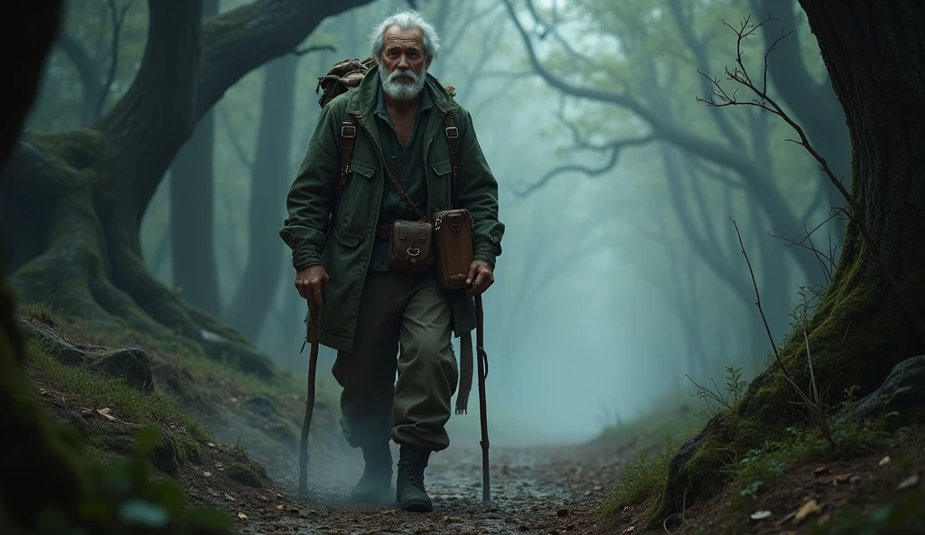 Create a picture of a lonely  in a dark forest as he ventures out in search of treasure He is a , not a young man 