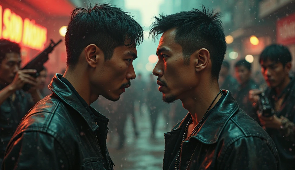 A group of extremely handsome young men, 15 years old, muscular, tattooed, wearing necklaces, high buns, gangster style, romantic, Hong Kong cinema, street scene. Their eyes are filled with sadness and desire to rise. The background is a trail of blood, violence, smoke and fire. Cinematic lighting, high detail, 8K, artstation, conceptual art, dark fantasy. Photo taken with a Canon EOS R5 85mm f/11 camera, ((sharp)) mode of people and surroundings. Image quality ((8K)), ((realistic)), ((masterpiece)), ((sharpest and highest contrast)), ((excellent depth of field)), ((stereoscopic lighting)). ((angry, ferocious)), detailed pores, ((Direct light on the face)), bright sunlight.