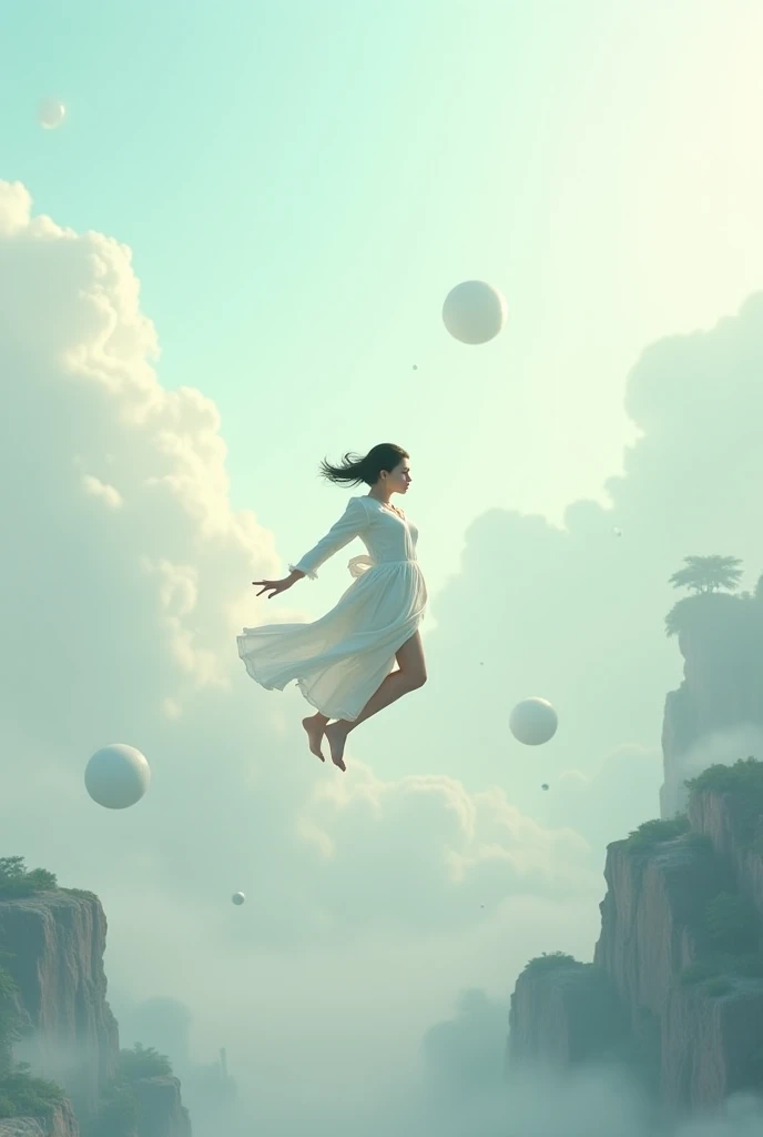 Short woman with giant black hair floating above the earth, 8k, psychedelia, rain of angels falling from the sky, black goats running, cinematographic, 真实感