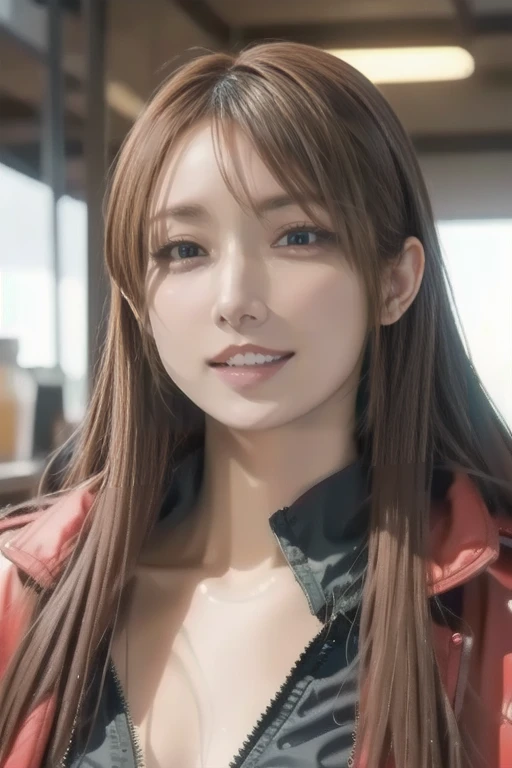 Portrait of a Beautiful Female Model by Nathap., Georgia Fowler,     beautiful face,       long green hair  , Cyberpunk City Afternoon. She is wearing a red long coat.,       jeans negros      ,    dramatic lighting, (Police Badge:1.2)