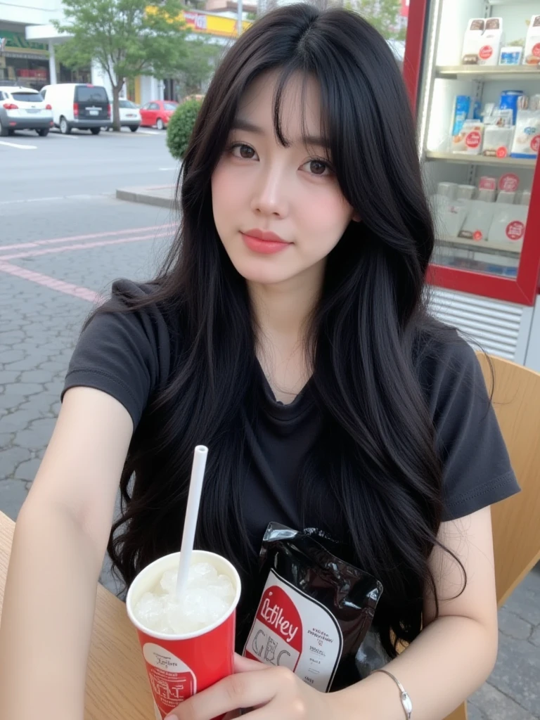 araffe woman sitting at the table with a cup of coffee and a plate of food, Ulzzang, linda jovem coreana, coreana, linda mulher sul-coreana, linda jovem coreana, she is wearing a black tank top, jaeyeon nam, asian girl com cabelo comprido, com cabelo comprido, foto de garota magra, Jinyoung Shin, com longos cabelos escuros