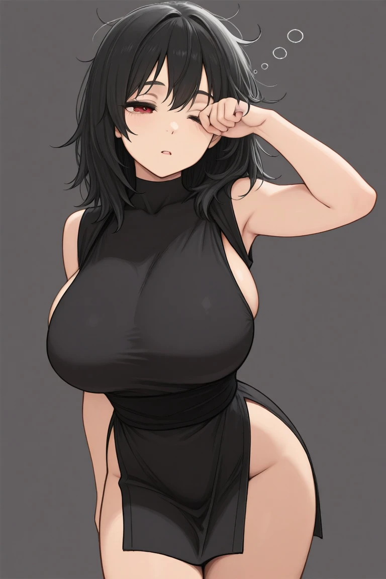 A woman with (short black hair) and (blue almond shaped eyes:1.2), (gigantic breasts:1.1), (impossibly wide hips), (detailed hand and finger:1.1), (expanded thighs), (tomboy:1.2), (black micro hoodie), (white panties:1.1), (white stockings:1.1), (detailed face and eyes:1.2), (huge breasts:1.1), (bimbo), (deep cleavage:1.1), (labia outline:1.2), (teat outline:1.2).