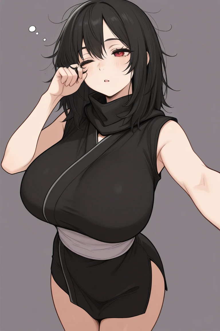 master piece, aroused, in heat, blush, 1girl, solo, long hair, looking at viewer, blush, black skirt, belt, boots, weapon, huge breasts, stone wall, jail, , background, black hair, gloves, bare shoulders, brown eyes, breast corset, opened mouth, upper body, ponytail, mature eyes, sleeveless, black gloves, elbow gloves, sweater, GREYSCALE, , turtleneck, low ponytail, leather corset,