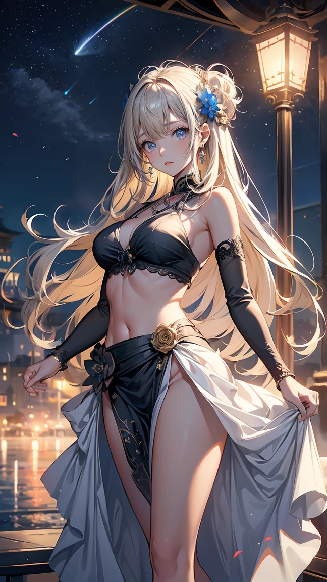 Beautiful dark-skinned girl in high school with large breasts and hourglass body. Her hair is blonde and long down to her hips., She has pierced ears、High-necked .looking back,(face focus),