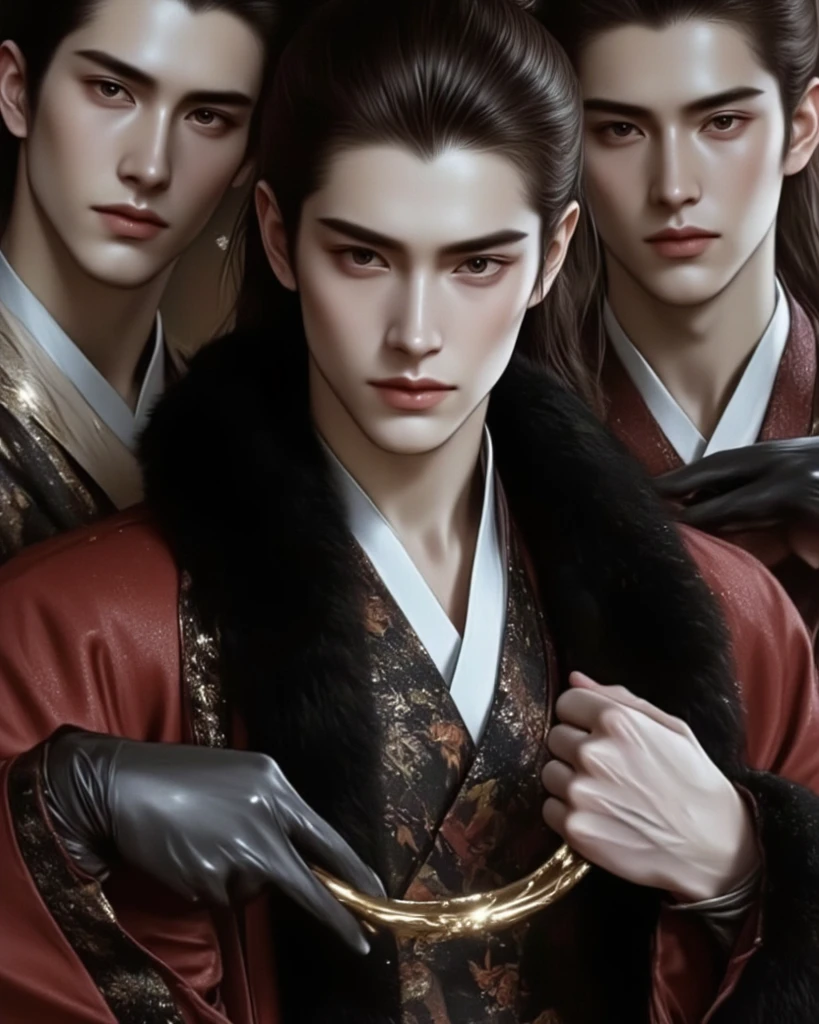 A handsome young man of 20 years old, with long hair, wearing an antique Chinese dress, black fur, dark eyebrows, big sharp eyes, seductive nose, famous white nose, 4 men standing around 1 woman with love, longing to preserve her.
