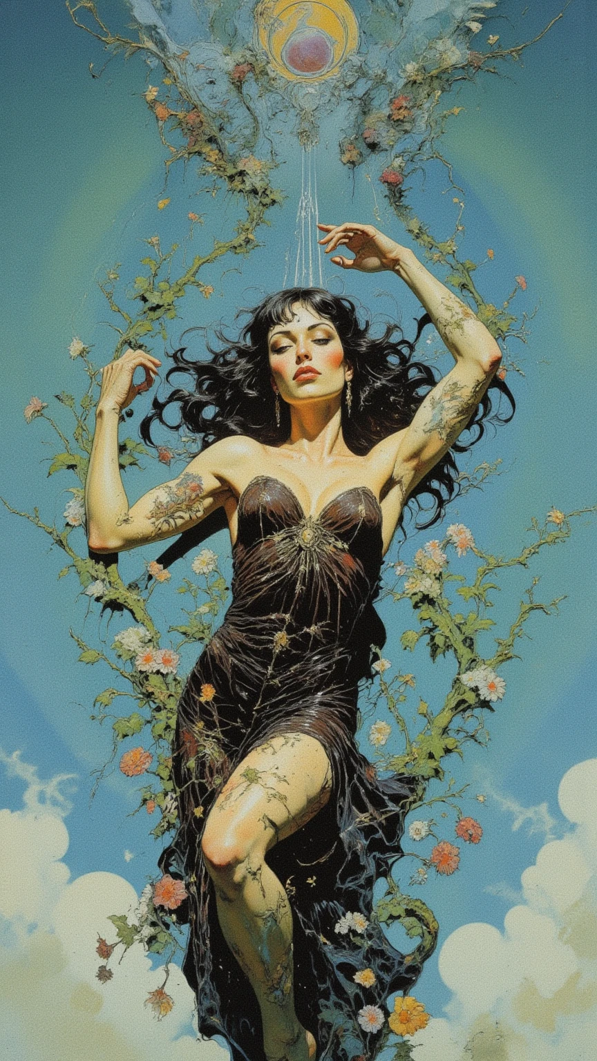 Millions of tiny devils surrounding giant sexy woman satin demon, 1950s, comic style, grungy, pop, naked