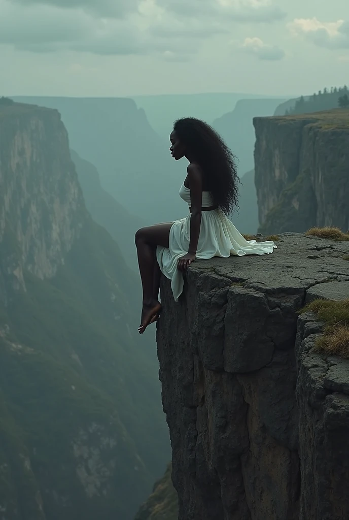 Black and white image, Highly detailed outdoor nature landscape, young woman sitting alone on the edge of a cliff, taken from the back, inspired by the style of Ken Duncan well known as the pioneer of landscape, in making use of dodging and burning to edit a landscape image