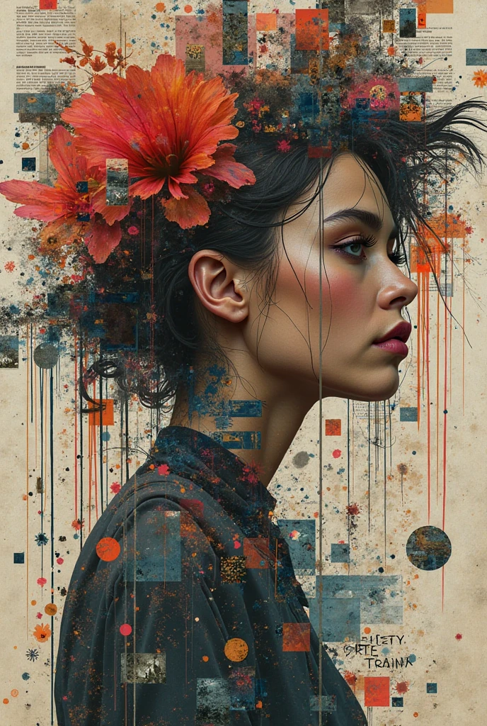 Collage Chaos, featuring a woman in overlapping abstract images, layered aesthetics of graffiti and paper stick art with the raw, 