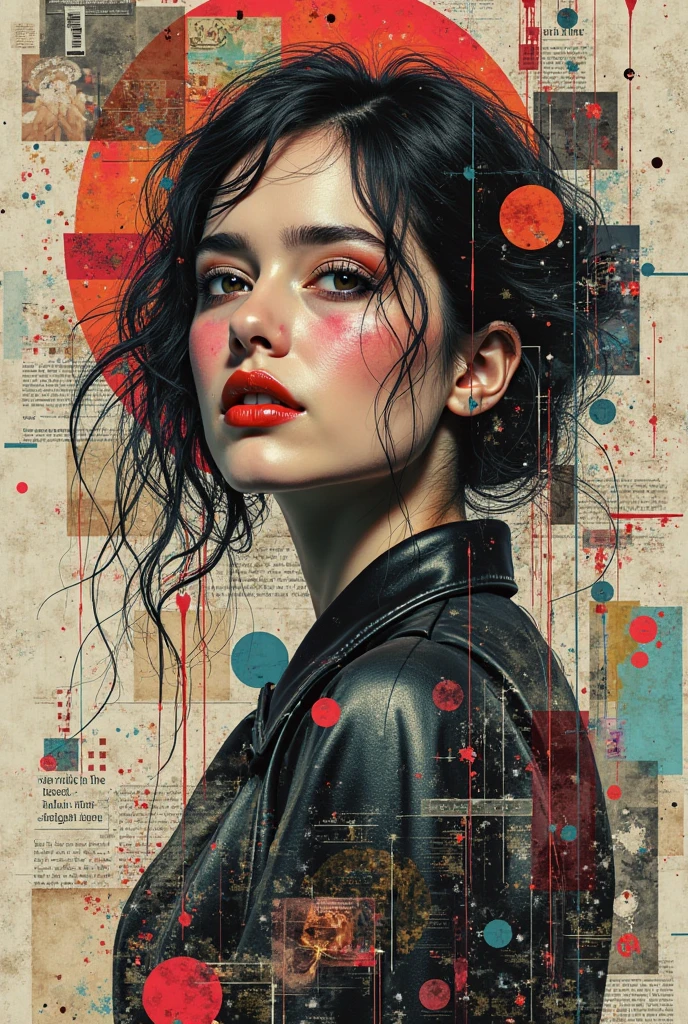 Collage Chaos, featuring a woman in overlapping abstract images, layered aesthetics of graffiti and paper stick art with the raw, 