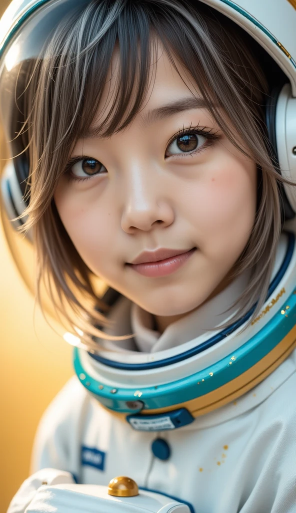 (Close-up of a better masterpiece:1.5)0.9], (Space and astronauts:1.2) (Messy silver hair:1.1) (Heterochromia xanthochromia and blue eyes:1.2) (Space Helmet:1.0) (Colored stars in the eyes:1.0) (A radiant glow:1.1) (thick lips:0.9)