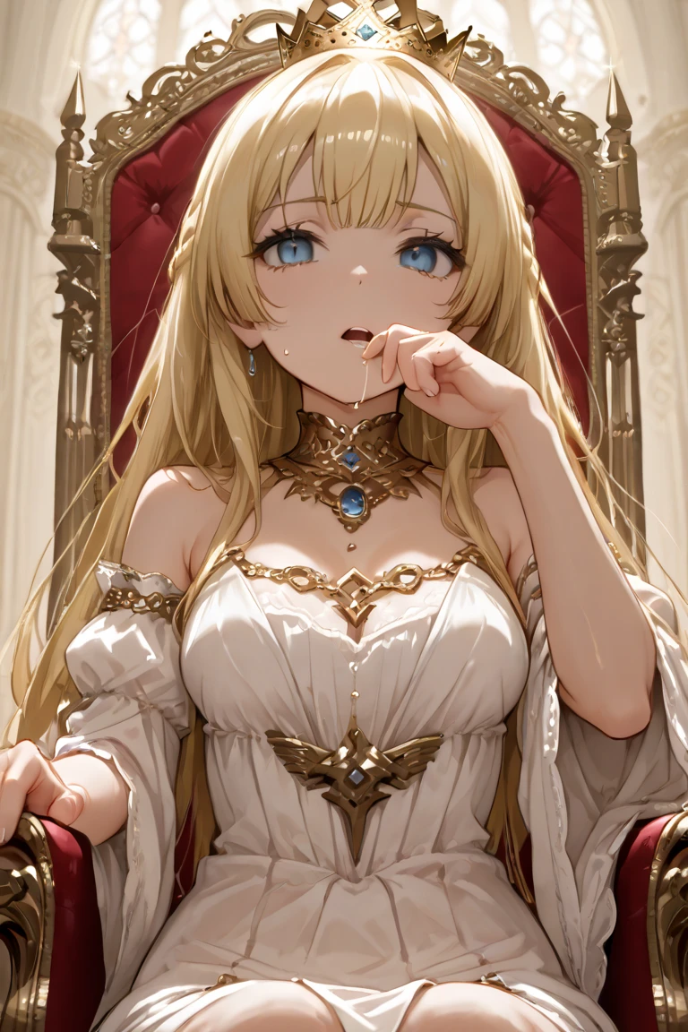 ((4k, masterpiece, top-quality)),8k, best quality, high resolution, HD, unity 8k wallpaper, (illustration:0.8), (beautiful detailed eyes:1.6), extremely detailed face, perfect lighting, extremely detailed CG, (perfect hands, perfect anatomy), super complex details, intricate details,a beautiful princess doll with golden hair sitting at a white table with donuts, 1girl, solo, smile, green eyes, detached sleeves, long hair, white sleeves, bug, crown, bare shoulders, butterfly, long sleeves, hair between eyes, bangs, closed mouth, breasts, looking at viewer, sleeveless, food, petals