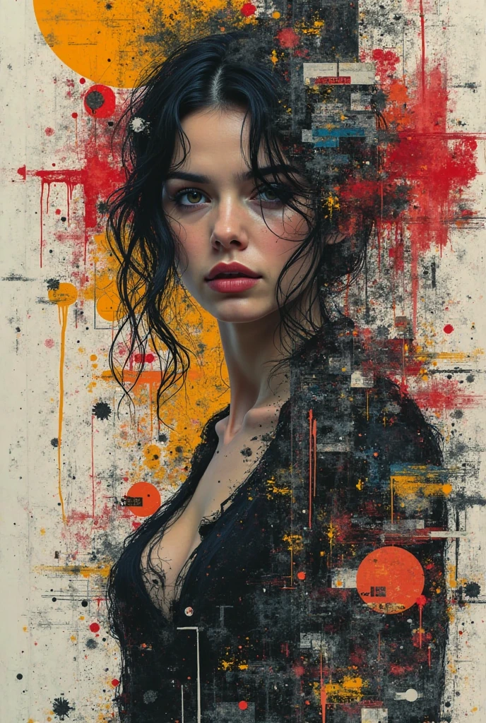 Collage Chaos, featuring a woman in overlapping abstract images, layered aesthetics of graffiti and paper stick art with the raw, media mix advertising, 